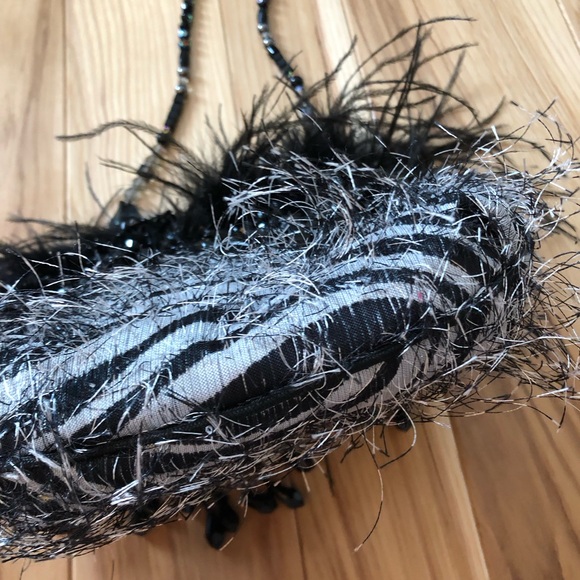 Vintage Y2K Occhio Black Feather Beaded Fringe Patterned Bag - Picture 7 of 11
